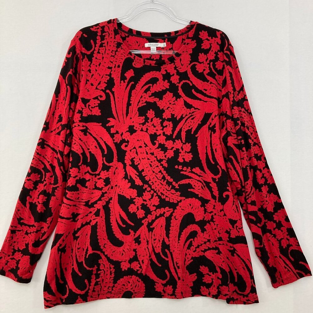 Chico's size XXL Red Black Floral Stretch Knit Crew Neck Long Sleeve Blouse
